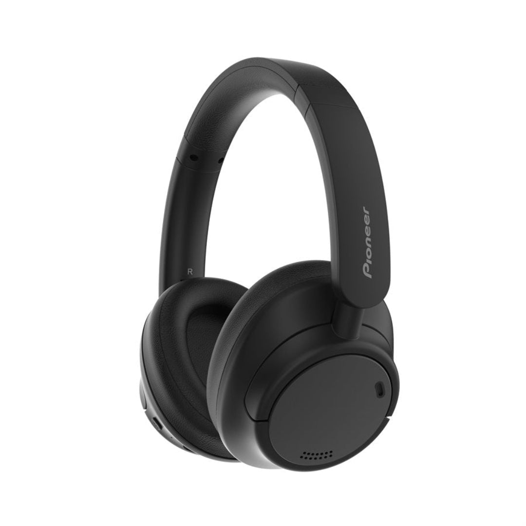 Black headphones with 'Pioneer' branding on a white background