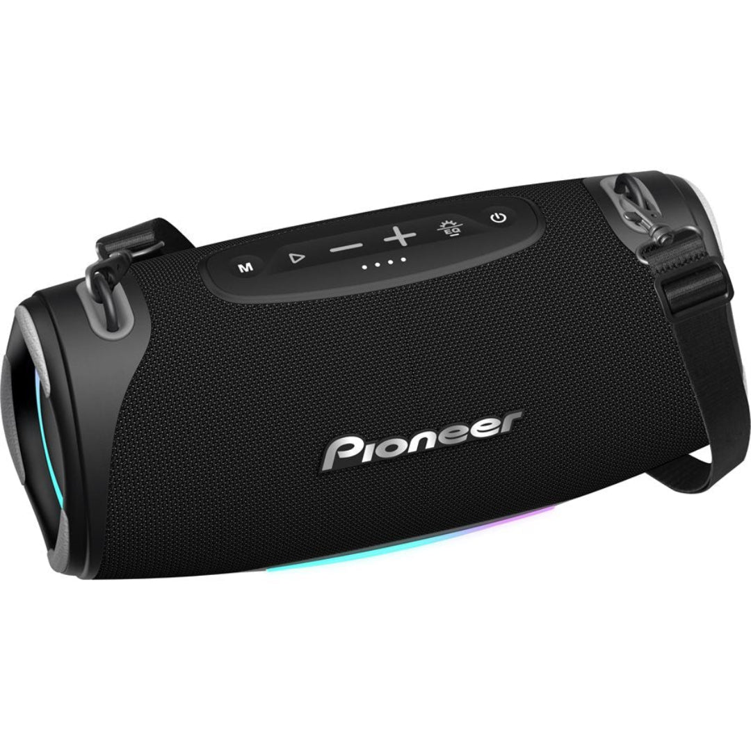 Black Pioneer Bluetooth speaker with RGB lighting on a white background