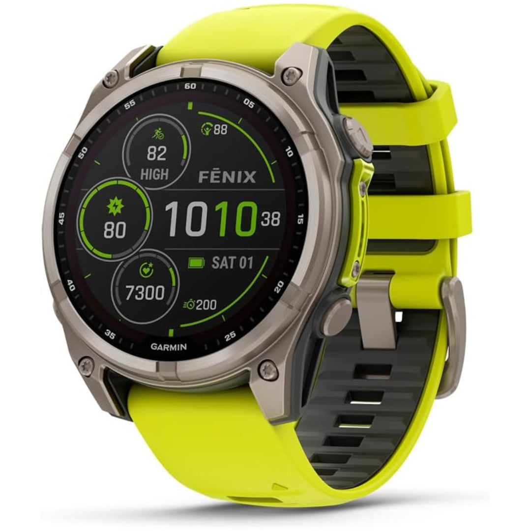 Garmin fenix 8 – 47 mm, Solar Sapphire, Titanium with Amp Yellow/Graphite Silicone Band