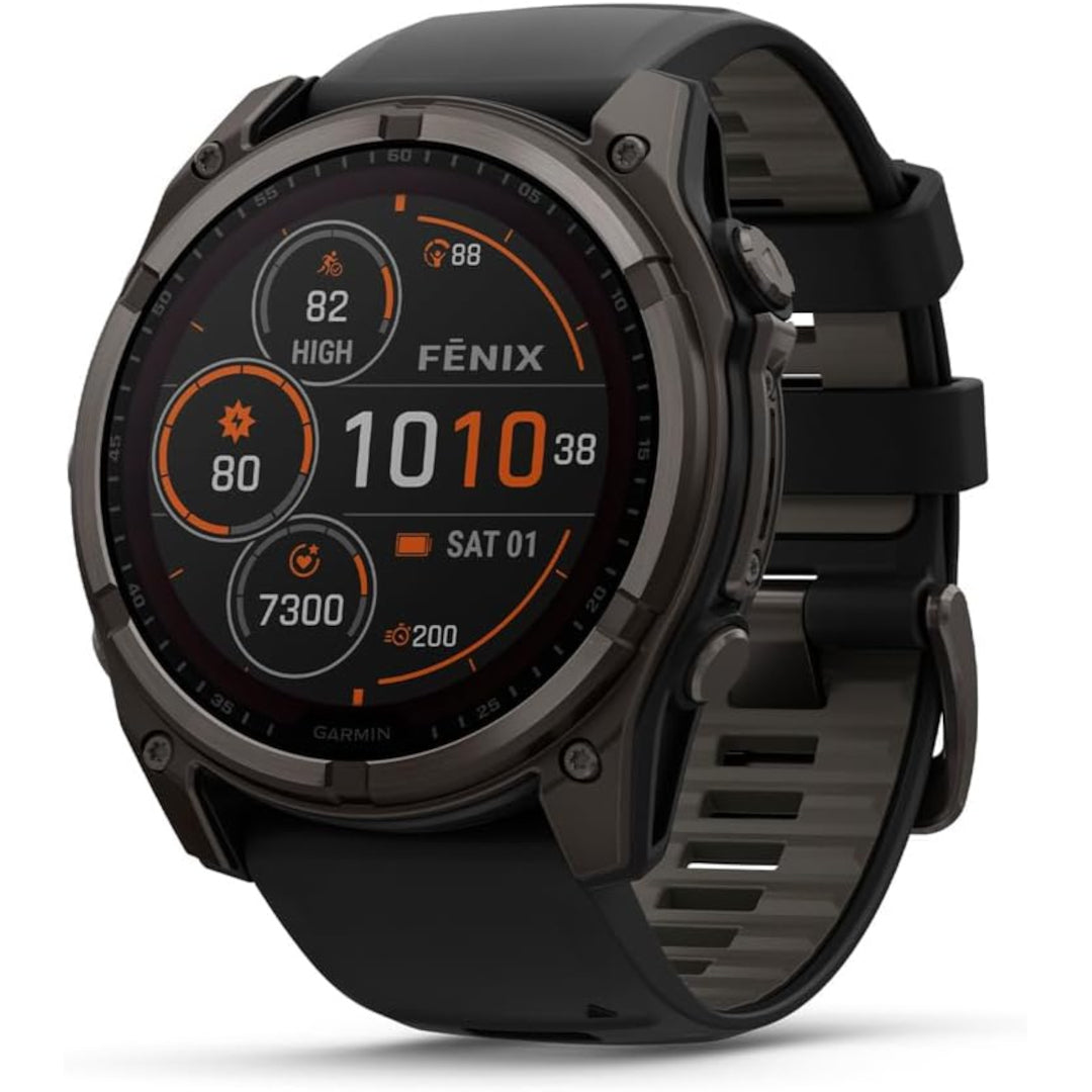 Garmin fenix 8 – 51 mm,Solar Sapphire, Carbon Gray DLC Titanium with Black/Pebble Gray Silicone Band