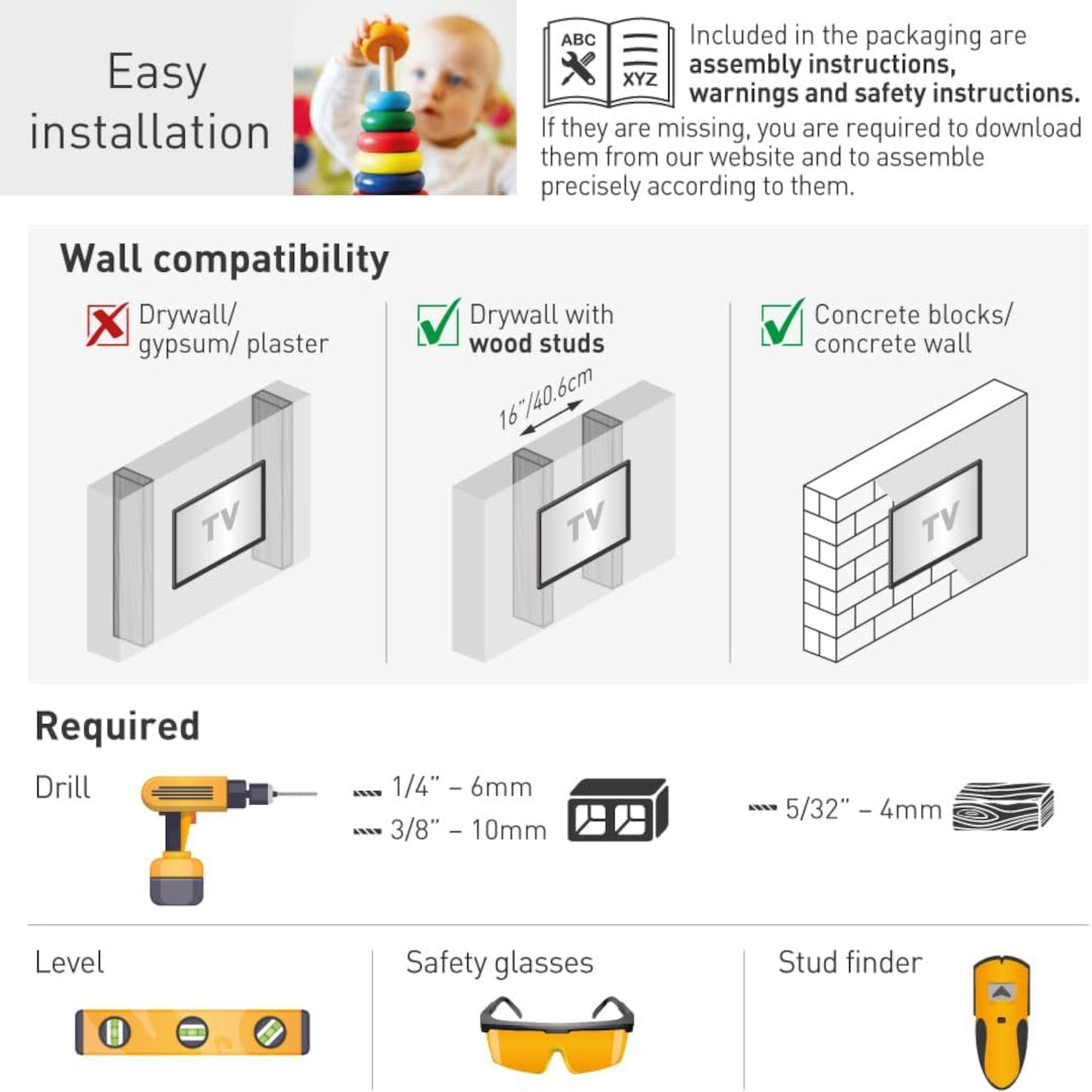Barkan - Support mural fixe pour téléviseur de 13 à 90 pouces à largeur réglable