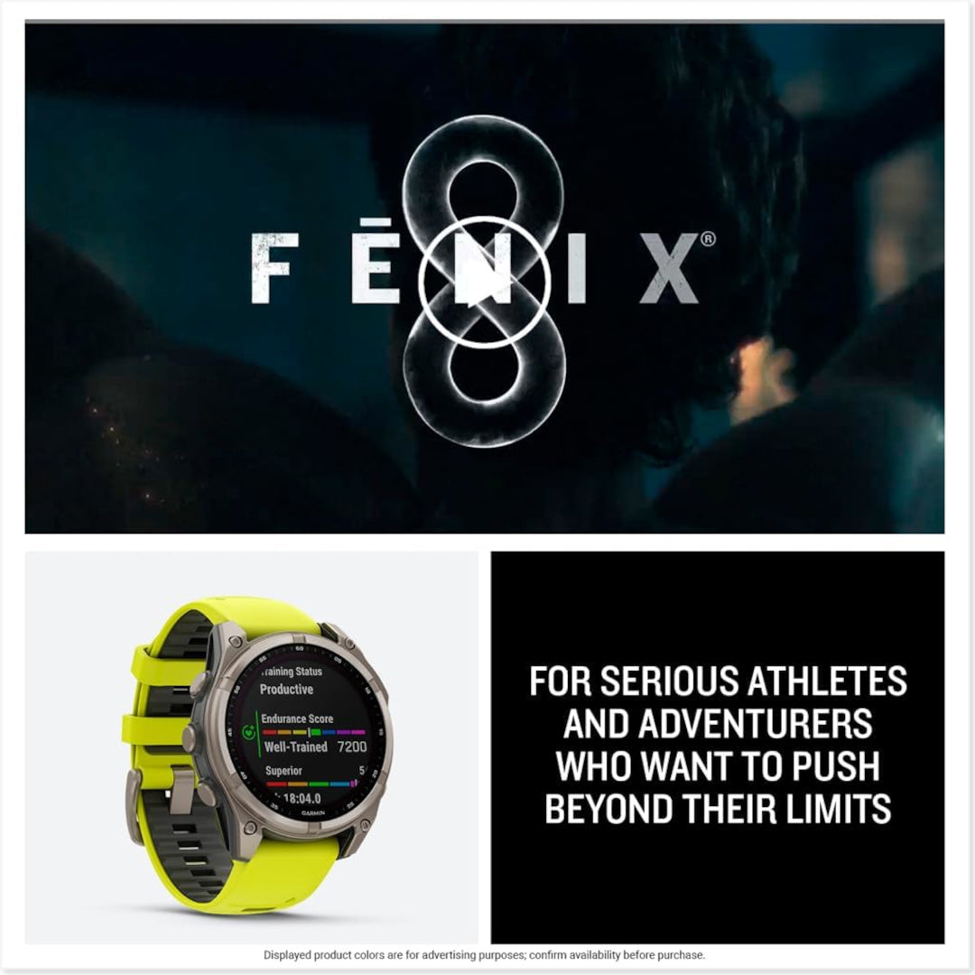 Garmin fenix 8 – 47 mm, Solar Sapphire, Titanium with Amp Yellow/Graphite Silicone Band