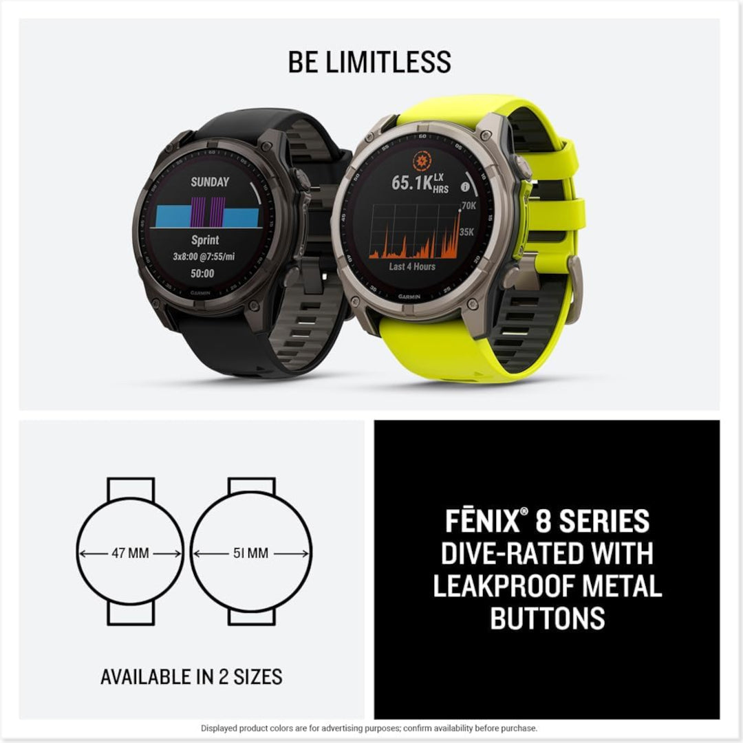 Garmin fenix 8 – 47 mm, Solar Sapphire, Titanium with Amp Yellow/Graphite Silicone Band