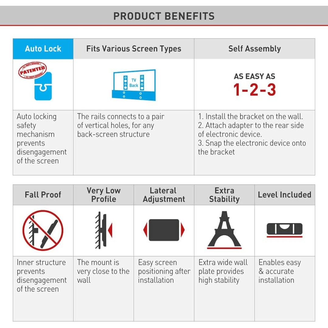 Barkan - Support mural fixe pour téléviseur de 13 à 90 pouces à largeur réglable