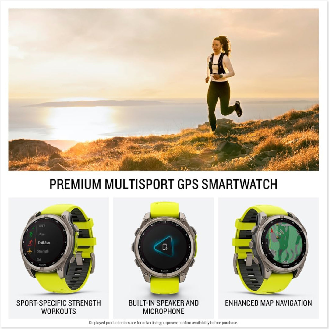 Garmin fenix 8 – 47 mm, Solar Sapphire, Titanium with Amp Yellow/Graphite Silicone Band
