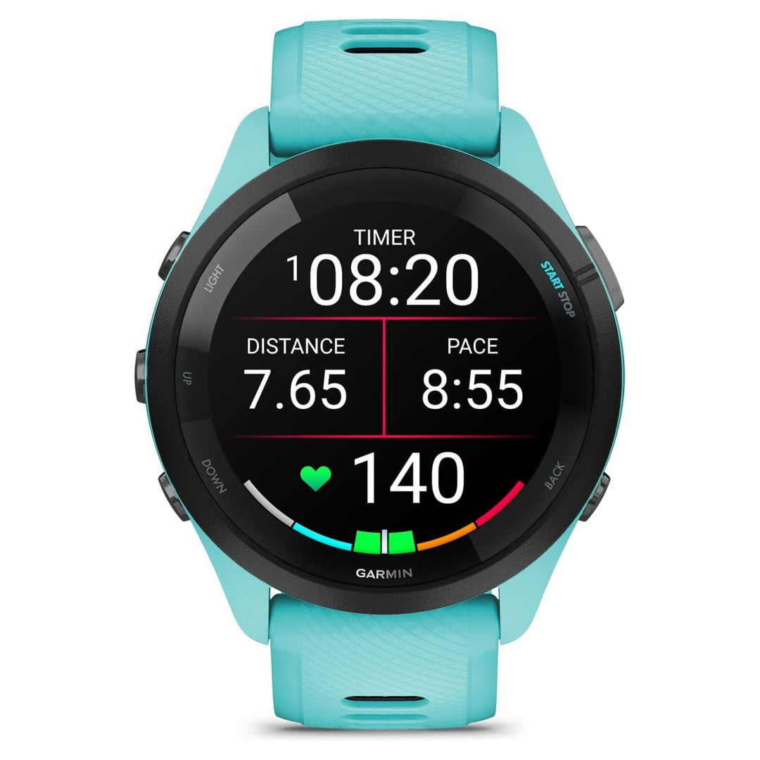 Forerunner 265 Black Bezel with Aqua Case and Aqua/Black Silicone Band
