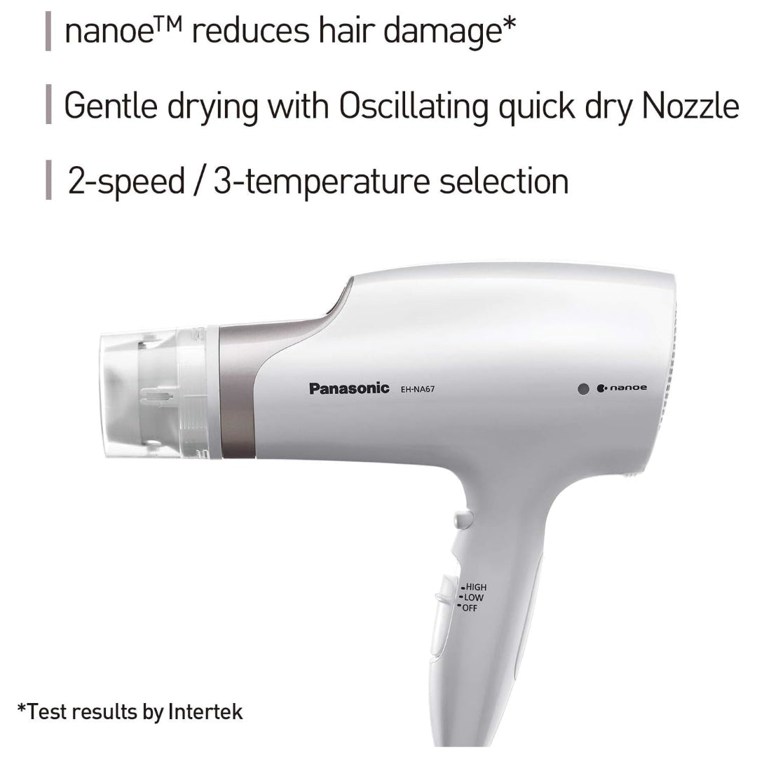 Panasonic EHNA67 Hydrating Nanoe Salon Dryer with Oscillating Quick Dry Nozzle, Diffuser, and Concentrator Attachments, White/Gold