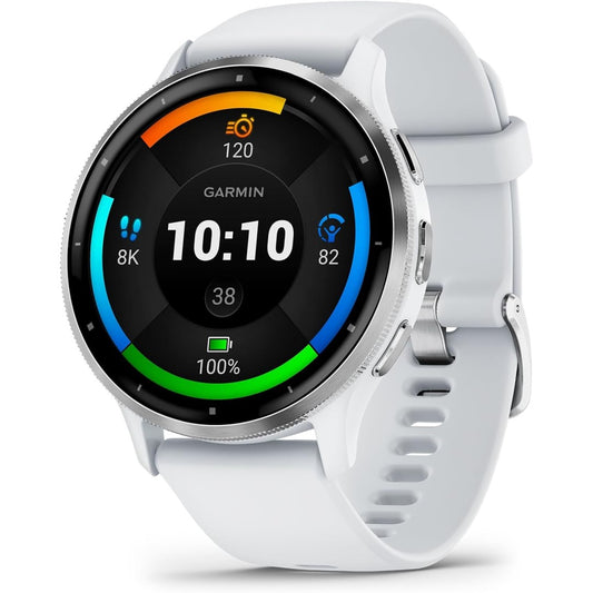 Garmin Venu 3, Silver Stainless Steel Bezel with Whitestone Case and Silicone Band