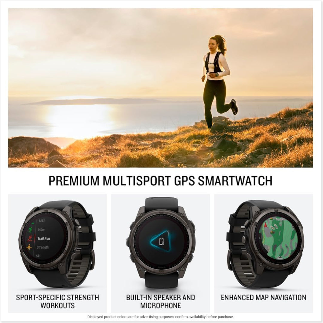 Garmin fenix 8 – 51 mm,Solar Sapphire, Carbon Gray DLC Titanium with Black/Pebble Gray Silicone Band