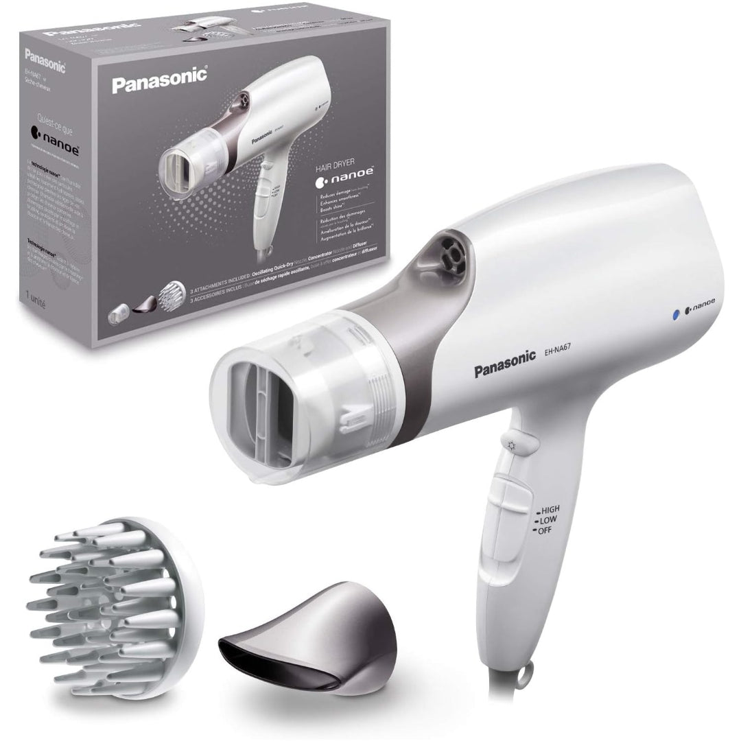 Panasonic EHNA67 Hydrating Nanoe Salon Dryer with Oscillating Quick Dry Nozzle, Diffuser, and Concentrator Attachments, White/Gold