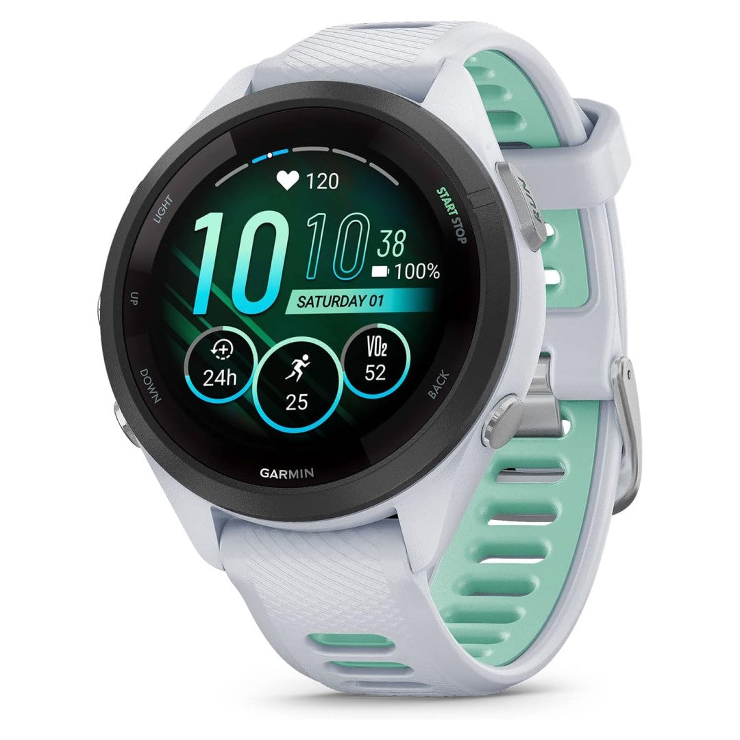 Forerunner 265S Black Bezel with Whitestone Case and Whitestone/Neo Tropic Silicone Band