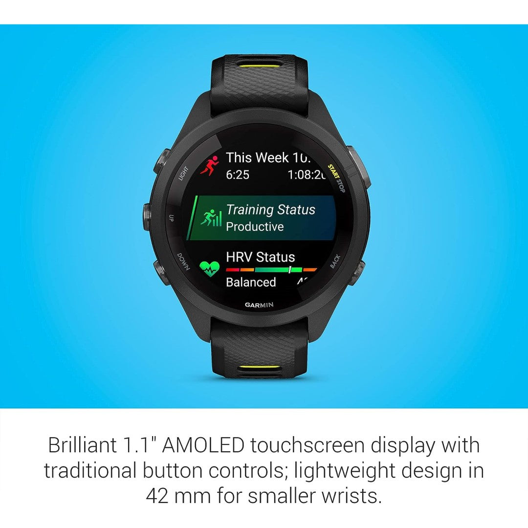 Forerunner 265S, Black Bezel and Case with Black/Amp Yellow Silicone Band