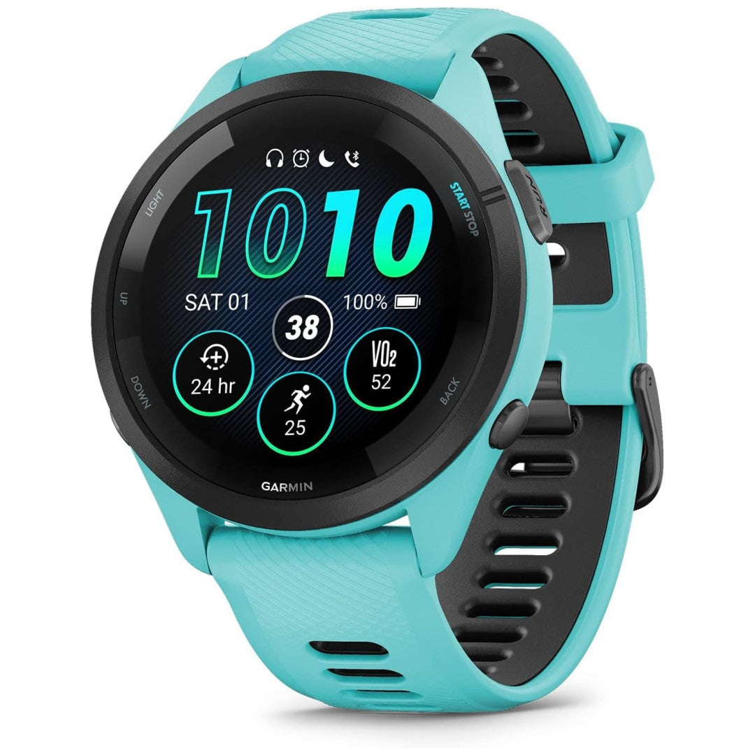 Forerunner 265 Black Bezel with Aqua Case and Aqua/Black Silicone Band