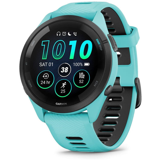 Forerunner 265 Black Bezel with Aqua Case and Aqua/Black Silicone Band
