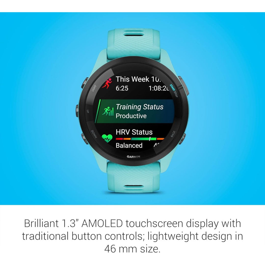 Forerunner 265 Black Bezel with Aqua Case and Aqua/Black Silicone Band