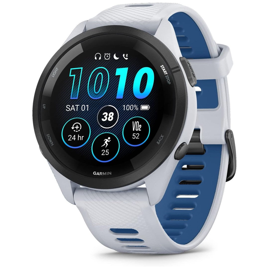 Forerunner 265 Black Bezel with Whitestone Case and Whitestone/Tidal Blue Silicone Band