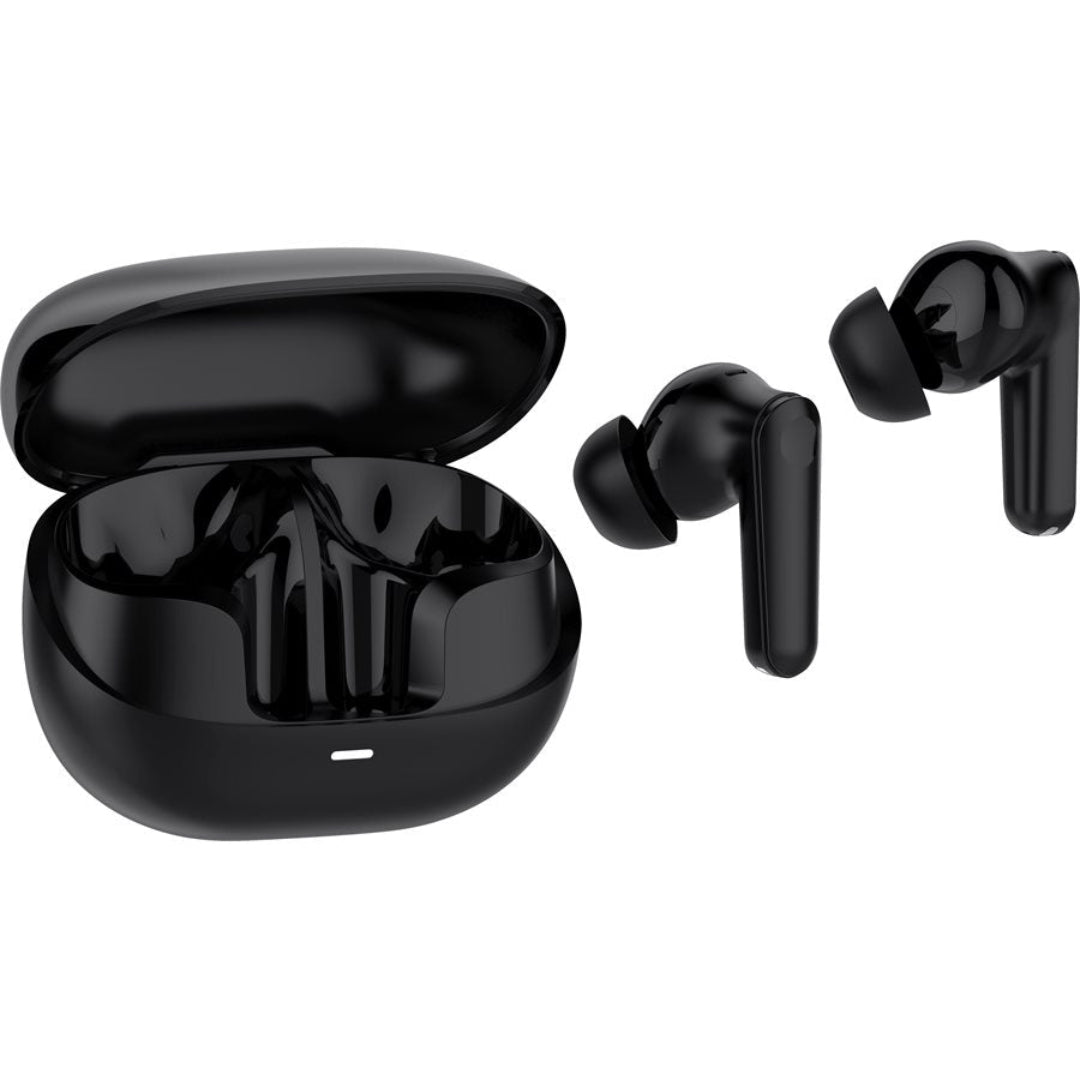 Black wireless earbuds with charging case on a white background