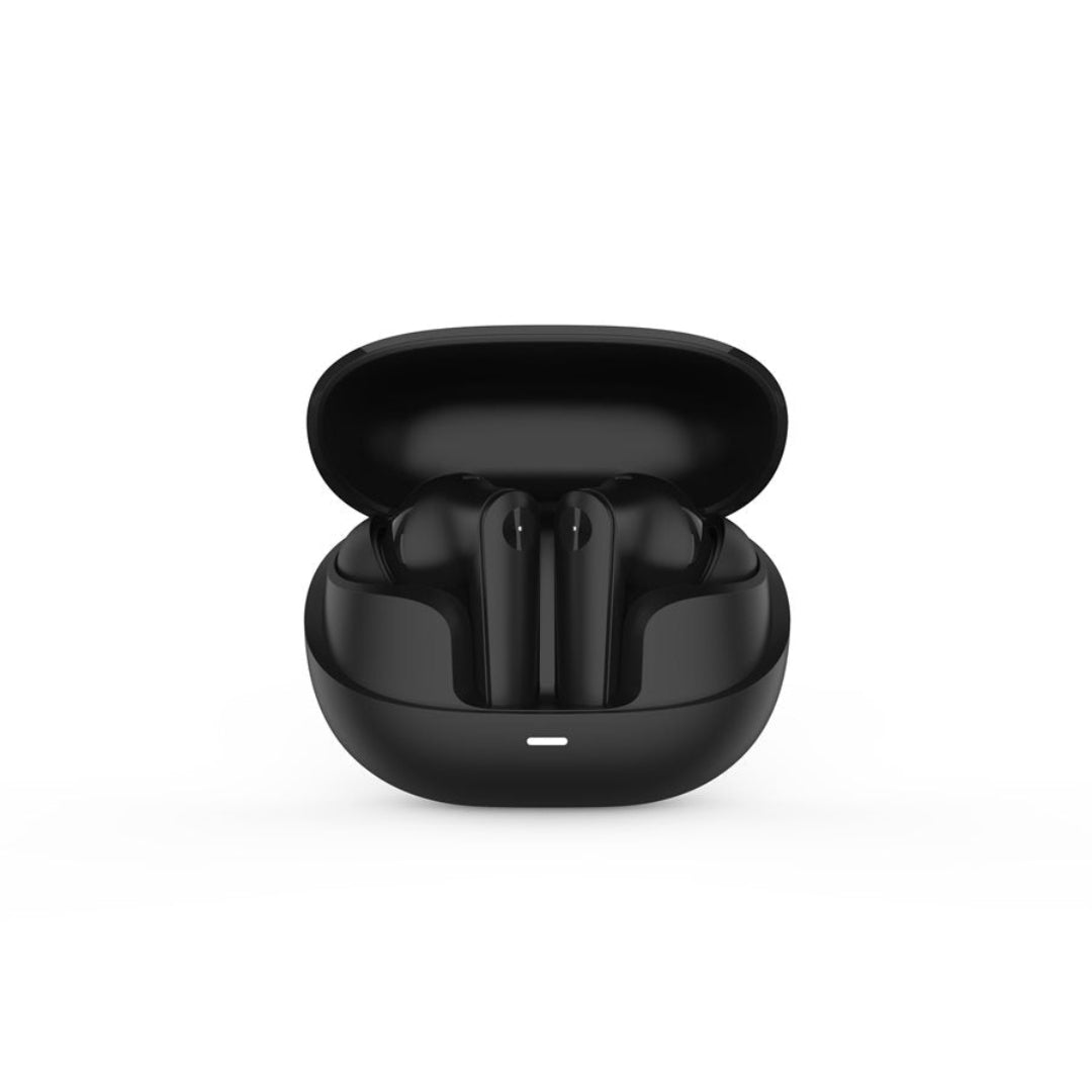 Black wireless earbuds in an open charging case on a white background