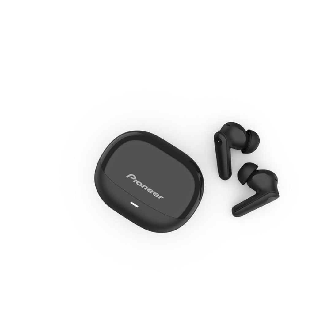 Black wireless earbuds with charging case on a white background, featuring the Pioneer logo.