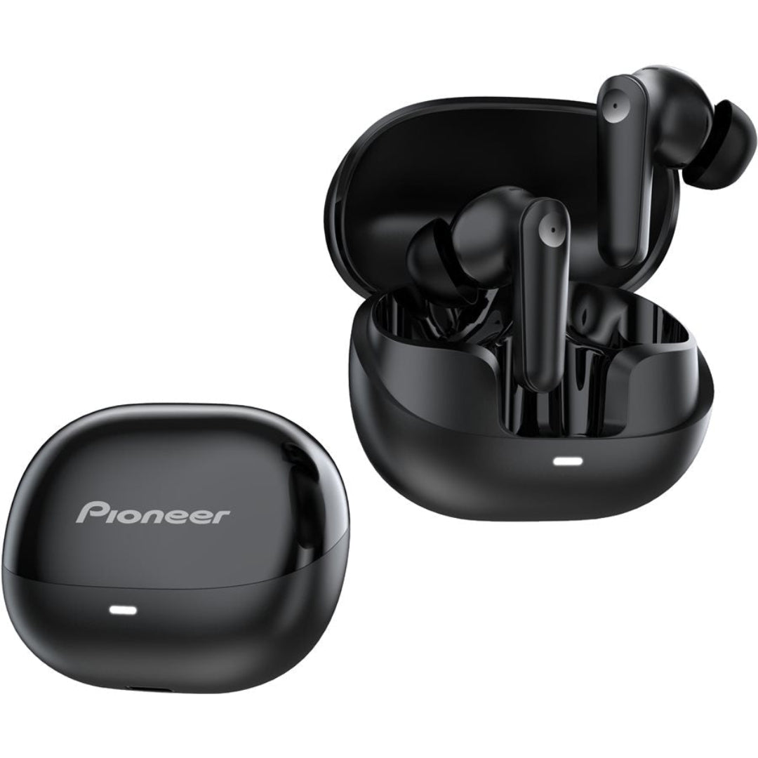 Black wireless earbuds with charging case on a white background, featuring the Pioneer brand.