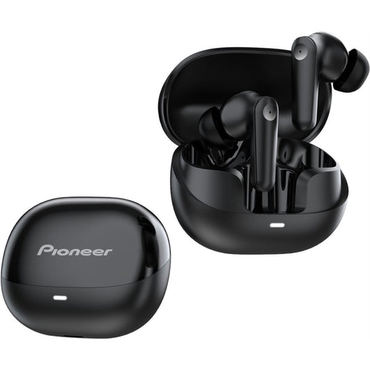Black wireless earbuds with charging case on a white background, featuring the Pioneer brand.