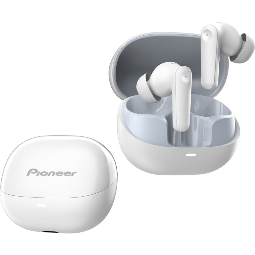 White wireless earbuds with charging case on a white background, featuring the Pioneer brand.