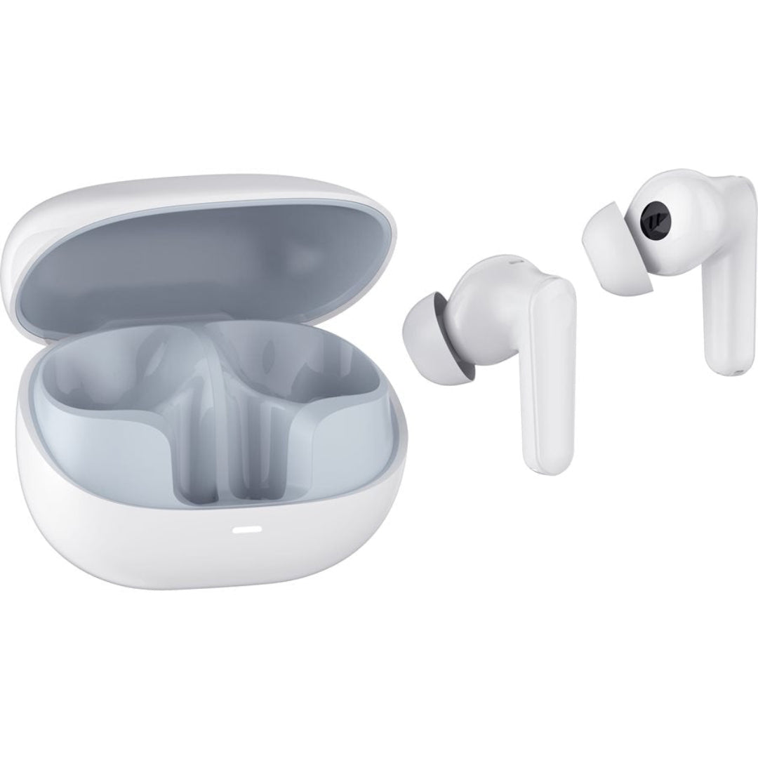 White wireless earbuds with charging case on a white background