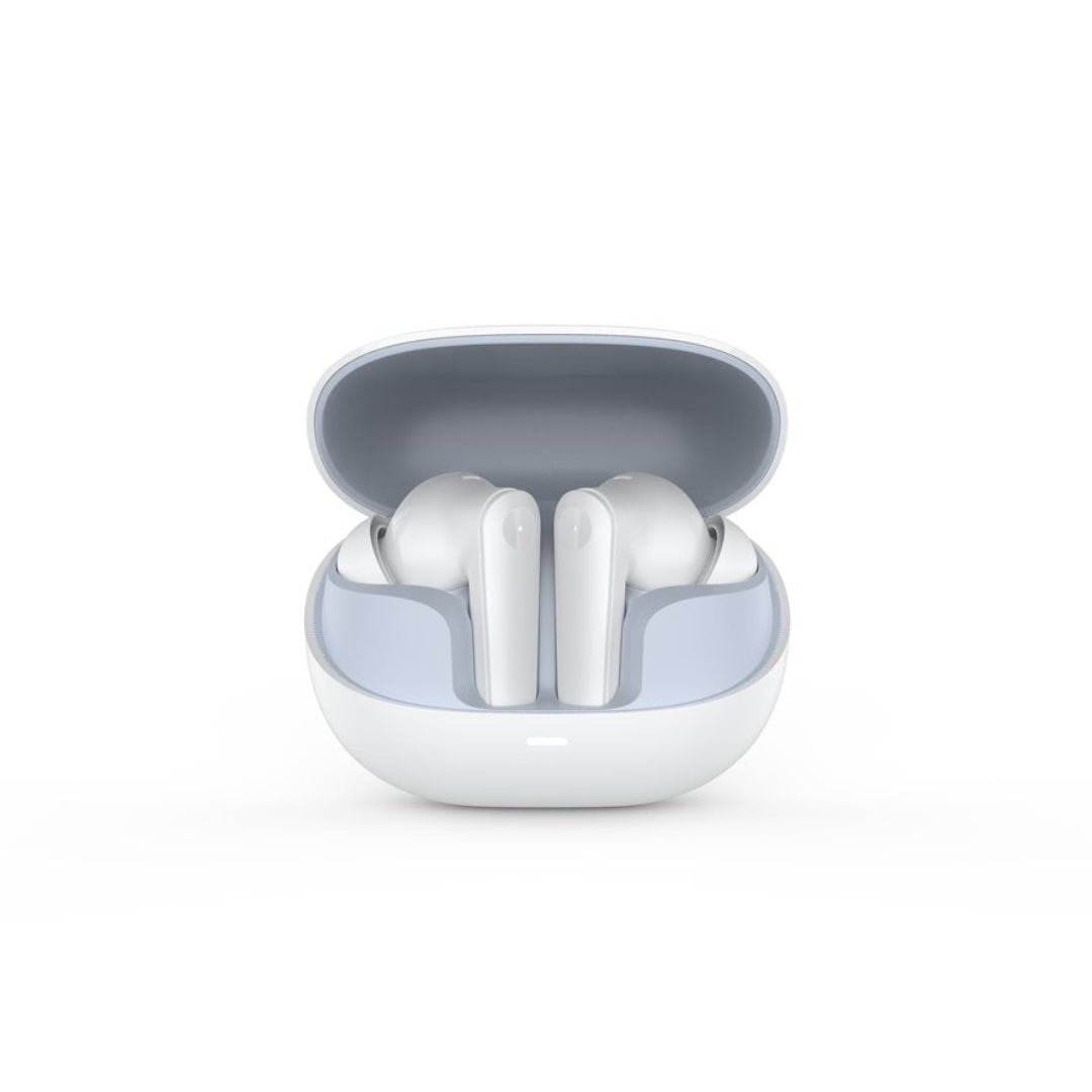 Wireless earbuds in a gray and white case on a white background