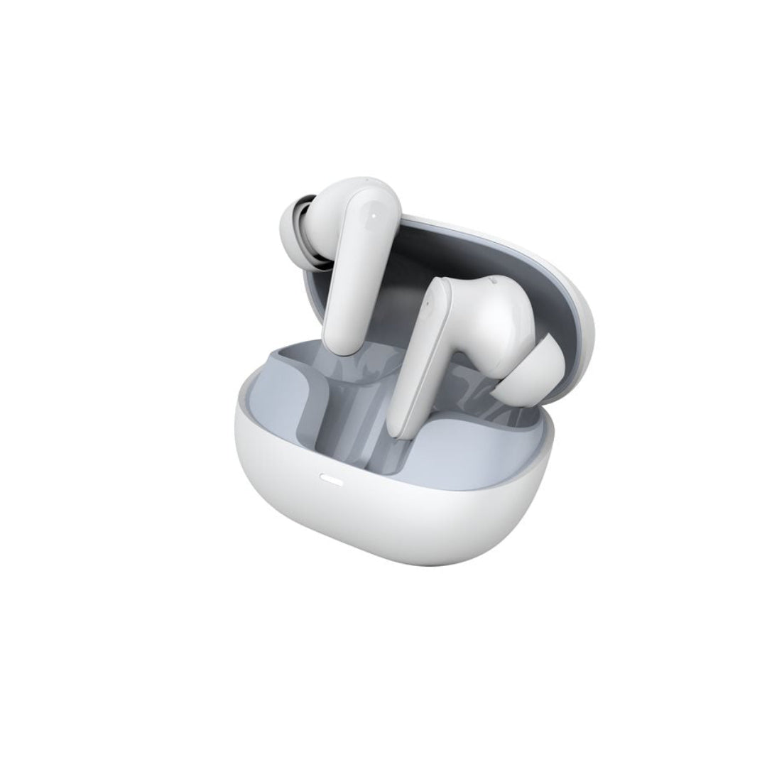 White wireless earbuds in a transparent charging case on a white background