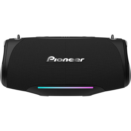 Black Pioneer speaker with colorful LED lights on a white background
