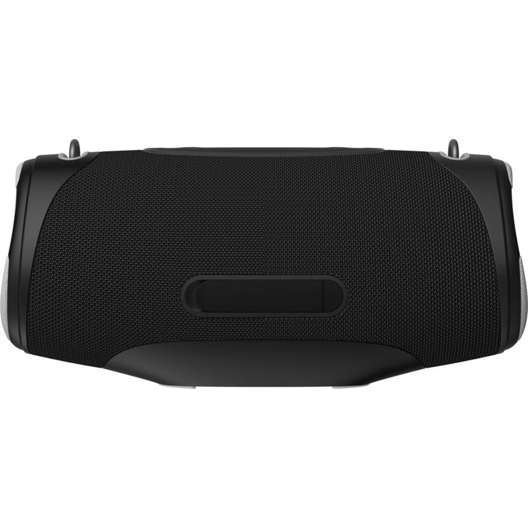 Black portable speaker on a white background
