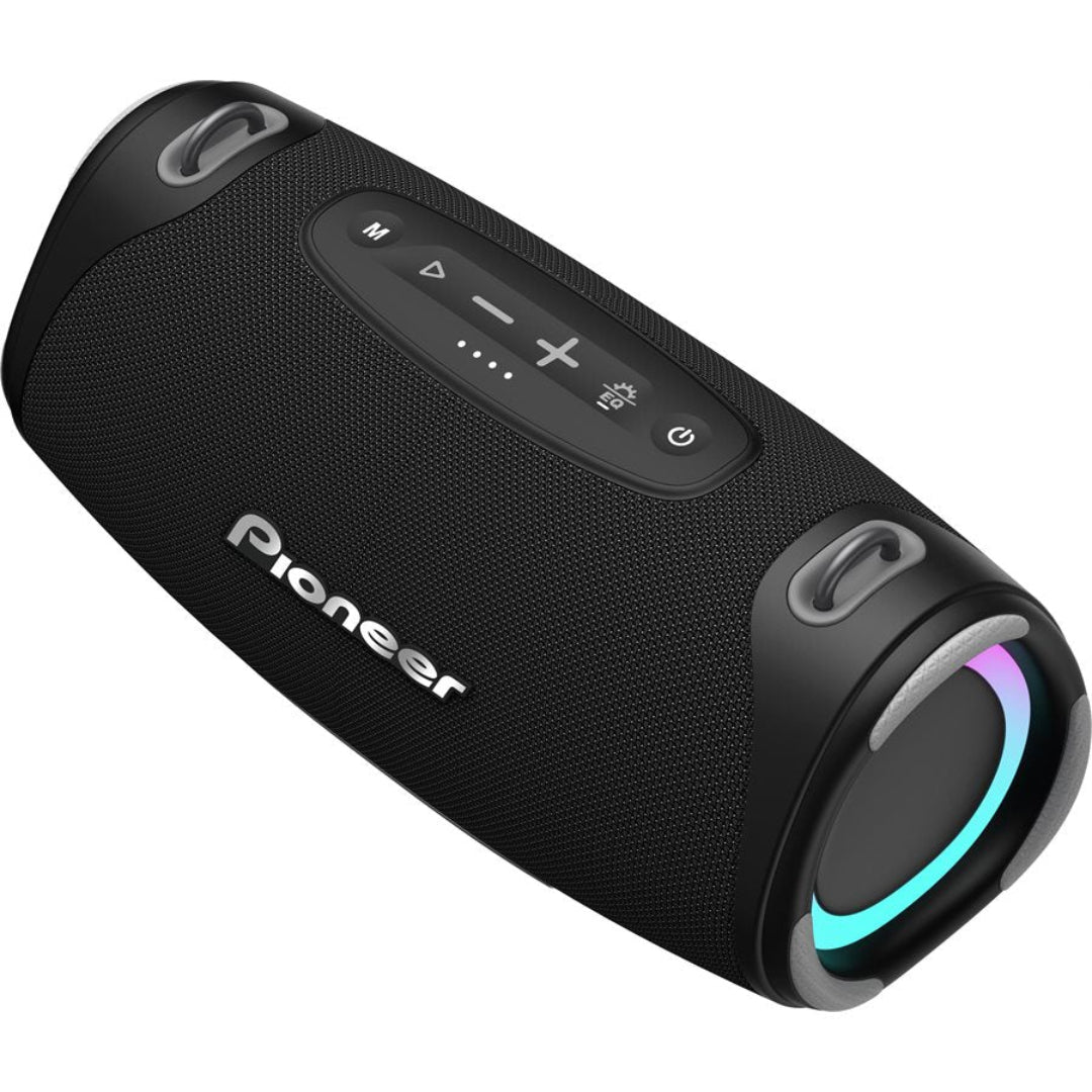 Black Pioneer Bluetooth speaker with control buttons on a white background