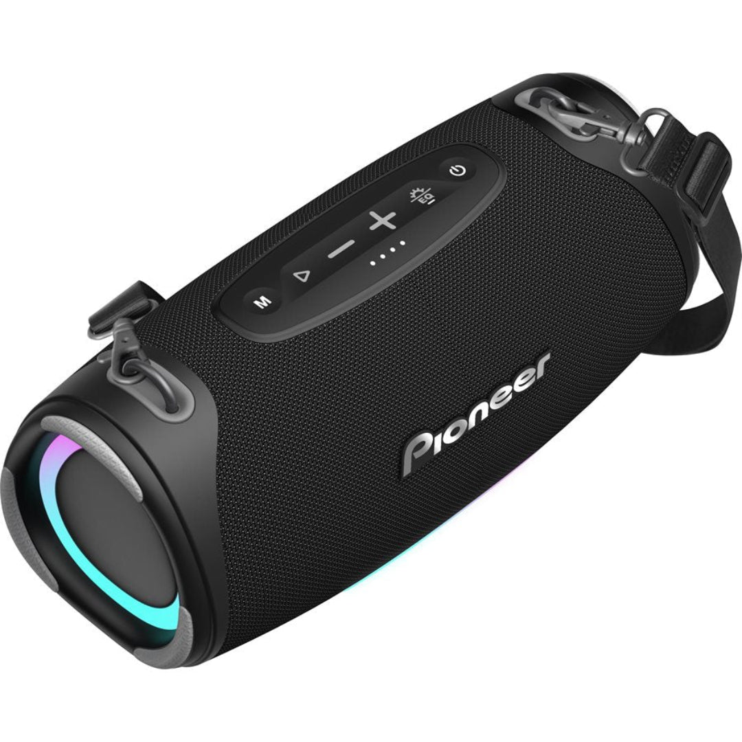 Black Pioneer Bluetooth speaker with colorful LED lights on a white background