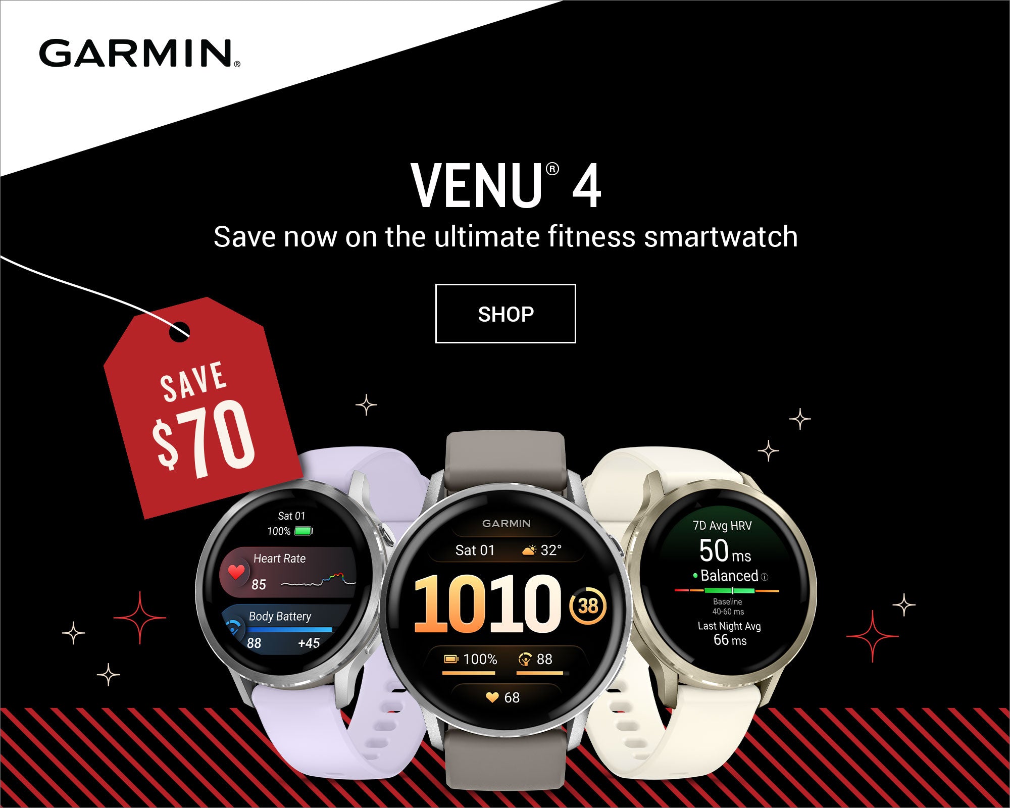 Garmin Venu 4 fitness smartwatch with promotional tag on a black background