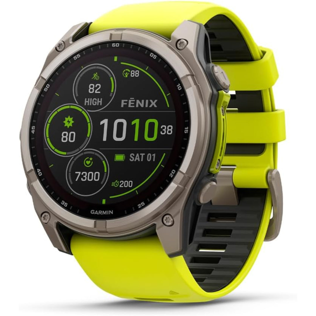 Garmin fenix 8 – 51 mm, Solar Sapphire, Titanium with Amp Yellow/Graphite Silicone Band