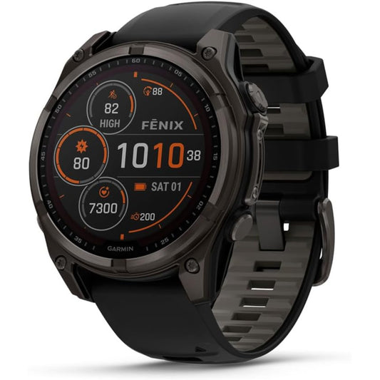 Garmin fenix 8 – 47 mm,AMOLED Sapphire,Carbon Gray DLC Titanium with Black/Pebble Gray Silicone Band