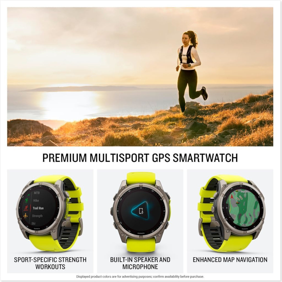Garmin fenix 8 – 51 mm, Solar Sapphire, Titanium with Amp Yellow/Graphite Silicone Band