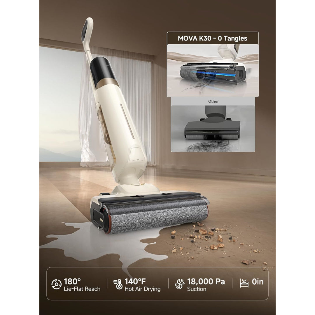 MOVA K30 Wet Dry Vacuum Cleaner, 180° Lie-Flat Reach Smart Vacuum Mop, 140°F Hot Air Drying, 0in Dual-Edge Cleaning, Powerful 18000Pa Suction Floor Cleaner for Hard Floors Pet Hair