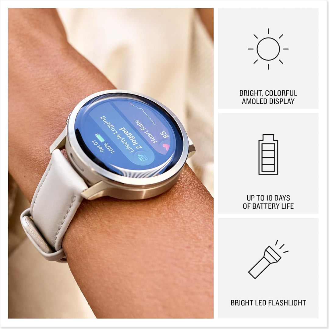 Garmin Venu 4 – 41 mm, Lunar Gold with Bone Silicone Band and Light Sand Leather Band