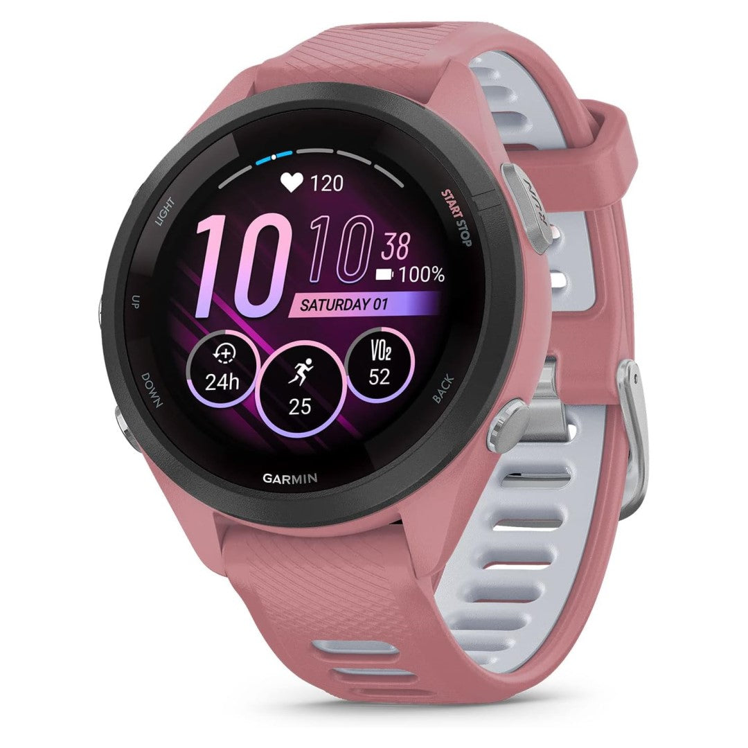 Forerunner 265S Black Bezel with Light Pink Case and Light Pink/Whitestone Silicone Band