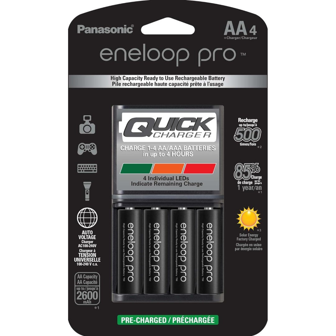 Panasonic Eneloop Pro Rechargeable Pack of 4 AA Ni-MH Batteries w/LED Quick Charger BLK