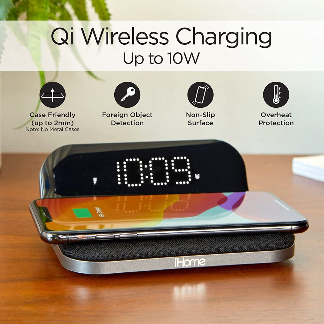 Compact Alarm Clock Qi Wireless Charging and USB Charging