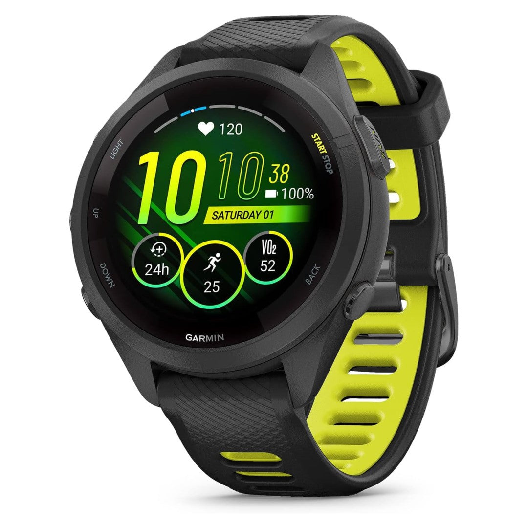 Forerunner 265S, Black Bezel and Case with Black/Amp Yellow Silicone Band