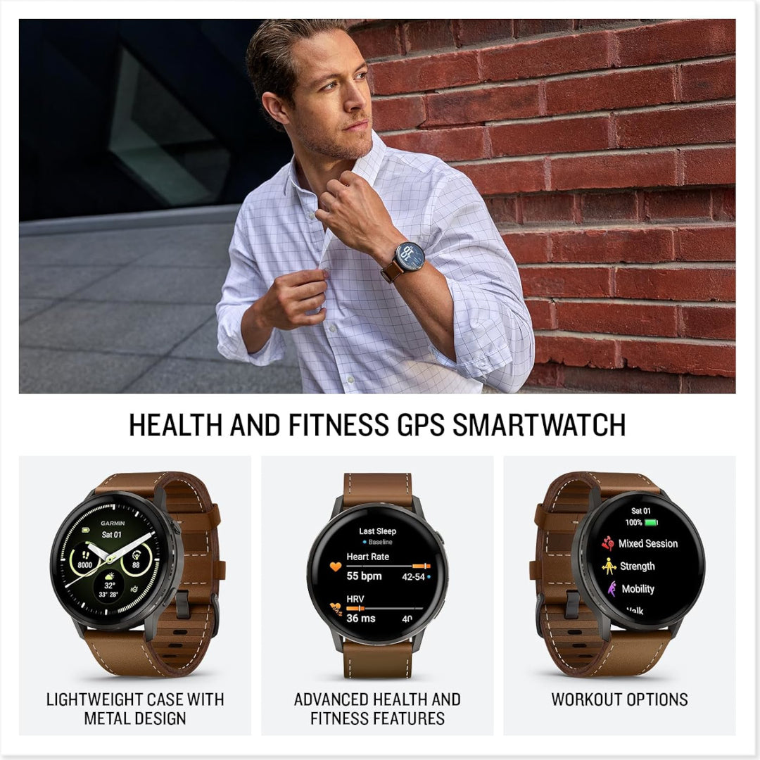 Garmin Venu 4 – 45 mm, Slate with Black Silicone Band and Brown Leather Band