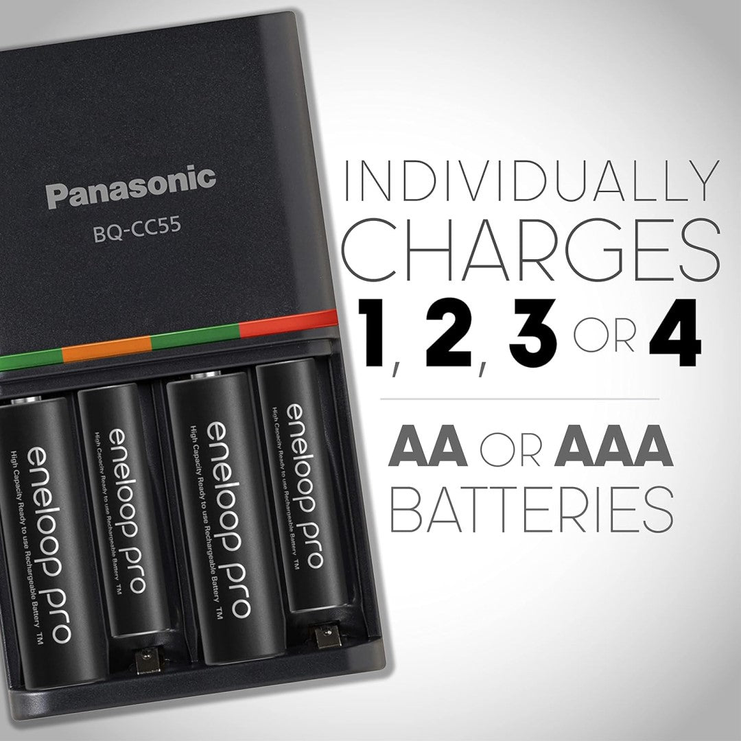 Panasonic Eneloop Pro Rechargeable Pack of 4 AA Ni-MH Batteries w/LED Quick Charger BLK