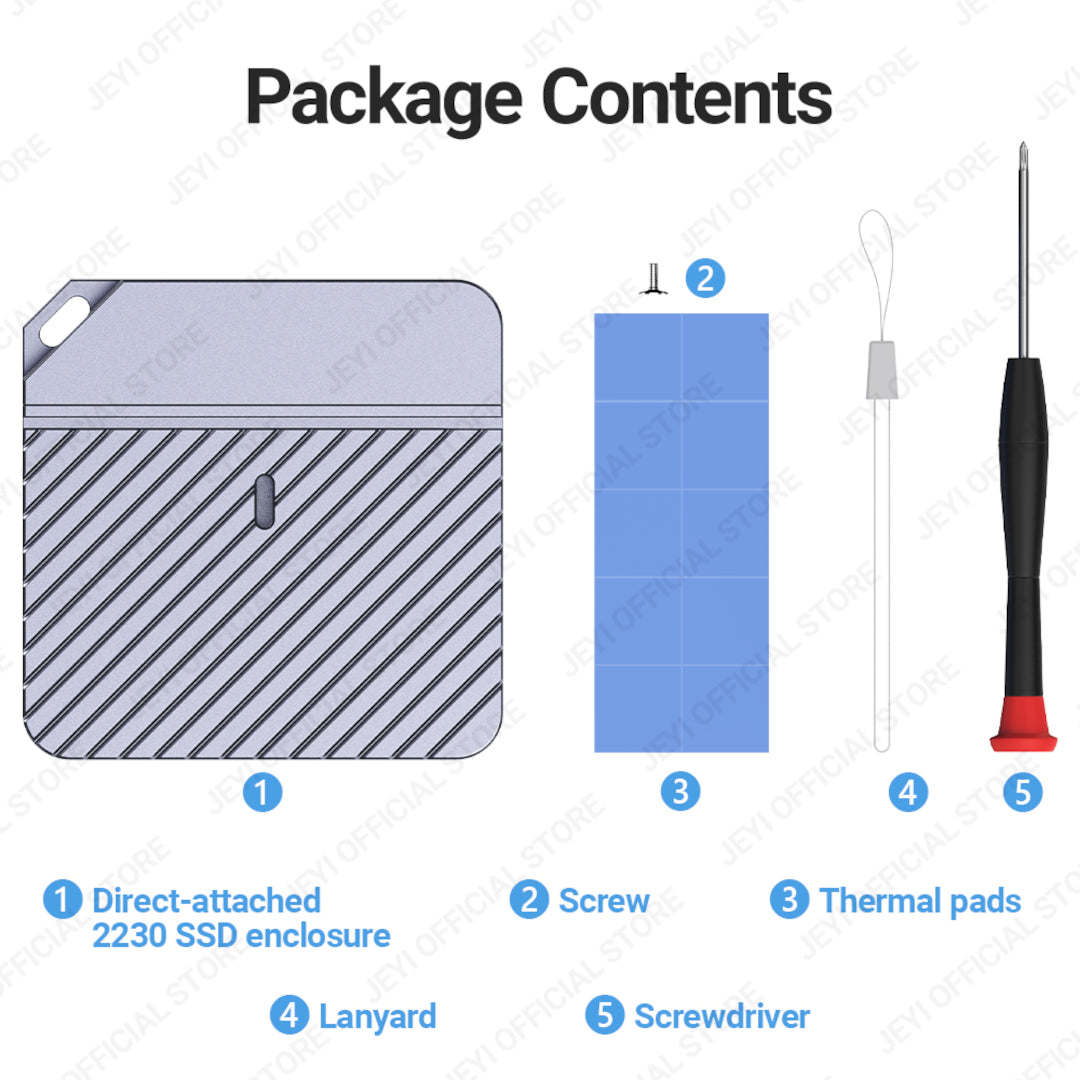 Boîtier SSD JEYI 2230 M.2 NVMe à connexion directe, USB 3.2 10 Gbit/s, boîtier en aluminium avec protection magnétique.