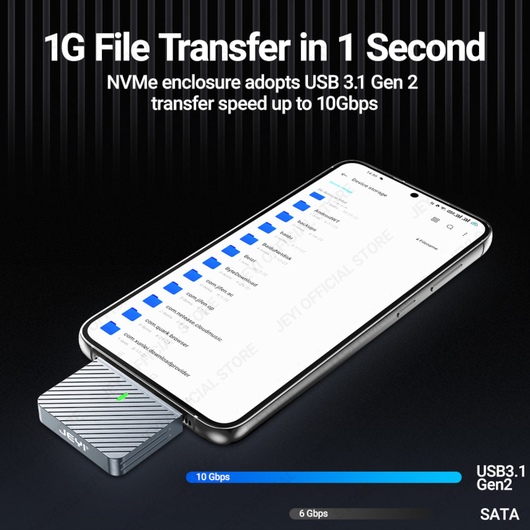 Boîtier SSD JEYI 2230 M.2 NVMe à connexion directe, USB 3.2 10 Gbit/s, boîtier en aluminium avec protection magnétique.