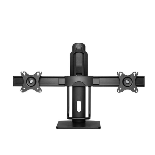 Black monitor stand with dual arm design on a white background